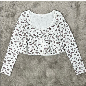 Kirious Long Sleeve Floral Babydoll Crop Top White Sz M Button Front Waffle Knit